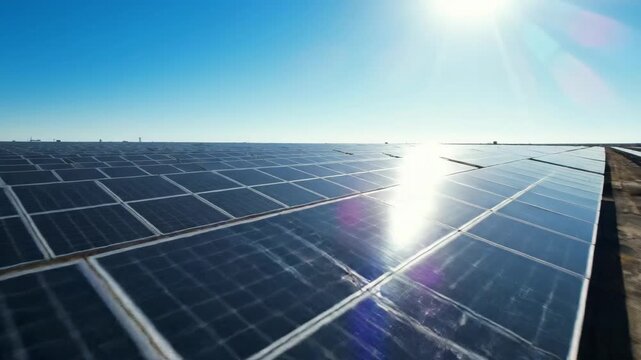 Photovoltaic panels gleam under bright sun, showcasing renewable energy technology in action