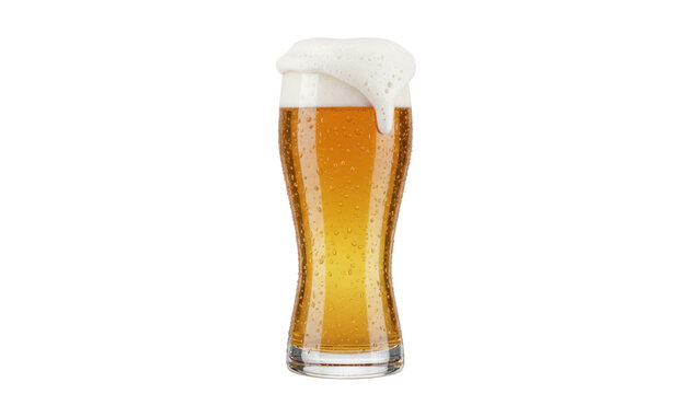 Isolated Cold golden lager beer with thick foam head in tall curved glass, close-up beverage photo for bar menu, brewery advertising, Oktoberfest marketing use isolated PNG with Transparent