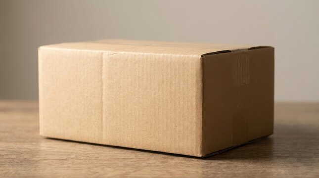 A plain kraft cardboard box sitting on a wooden surface