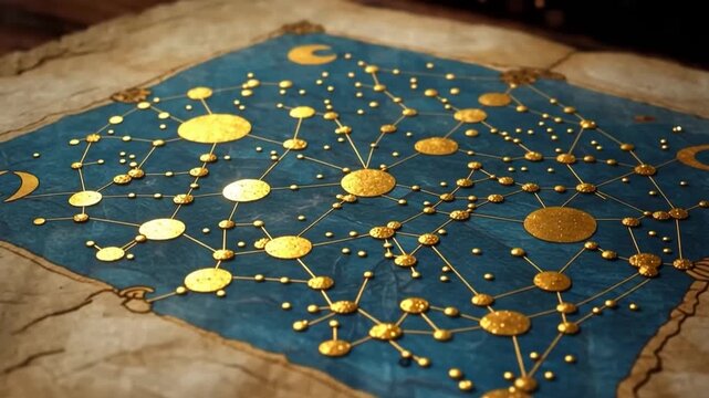 Ancient parchment with celestial map on wooden table against starry night background