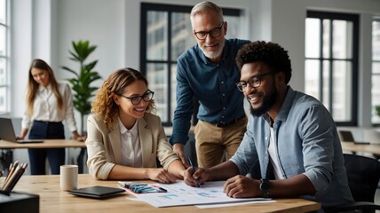 Obraz premium Group of Diverse Professionals Collaborating on Business Strategy in Modern Office Setting