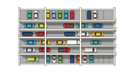 Multi level parking garage filled with cars and vans.