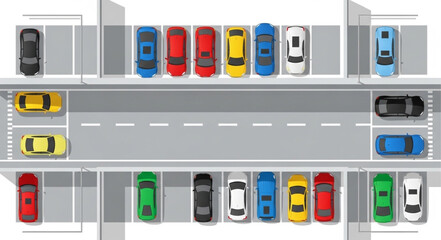 Aerial view of a busy parking lot with many colorful cars.