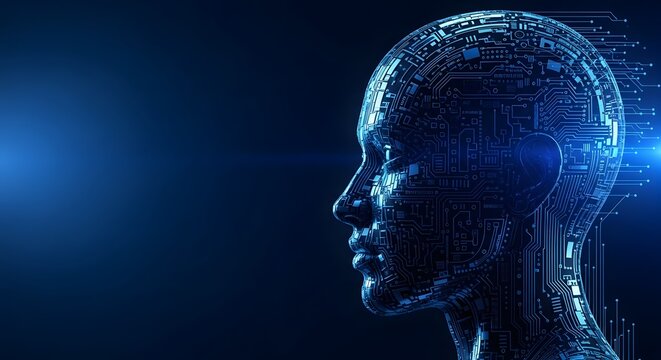 A futuristic digital human head made of circuits and wires in blue hues