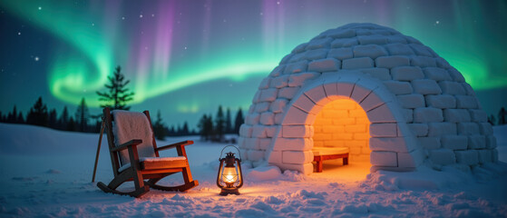 Fototapeta premium Igloo snow lantern rocking chair aurora night winter glowing outdoor peaceful scene with glowing igloo and northern lights in snowy landscape
