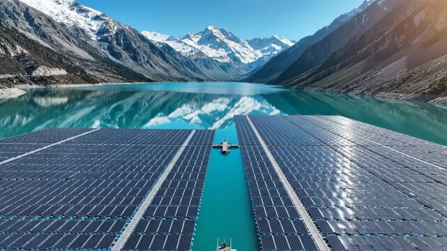 A breathtaking view of solar panels reflecting in a tranquil lake surrounded by majestic mountains