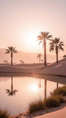 Desert palm sunrise sand oasis reflection tranquil serene landscape nature scene with soft sunlight and calm water