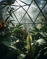 Fototapeta premium Sunlight streams through the geometric glass panes, illuminating a thriving indoor garden filled with lush plants