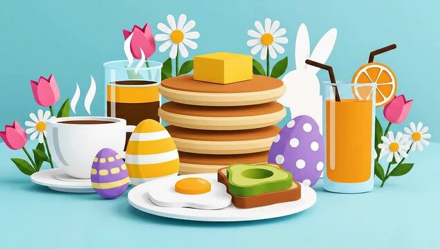 A delicious breakfast spread with pancakes, coffee, and orange juice, perfect for Easter celebrations.