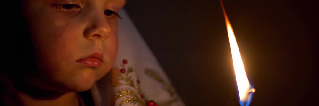 Boy looking at burning candle in dark room creating quiet spiritual atmosphere, childhood reflection and faith concept in wide banner format for website.