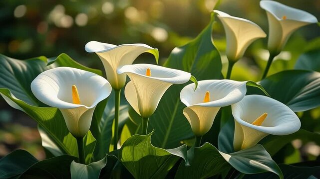 White Calla Lilies in Blooming Garden.