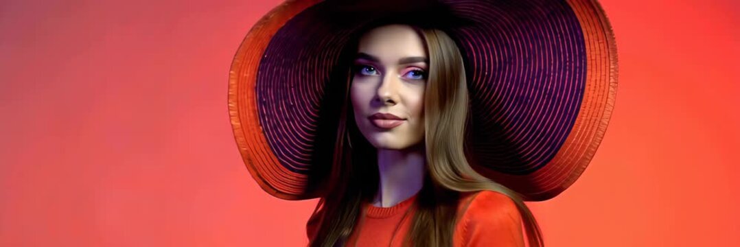 Stylish woman wearing large colorful hat posing in studio background, modern fashion portrait and style concept in wide banner format for website.