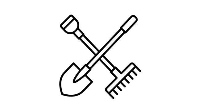 Outline vector icon of shovel and rake crossed, farming tools symbol, minimalist outline design, isolated on white background, no text, no gradient