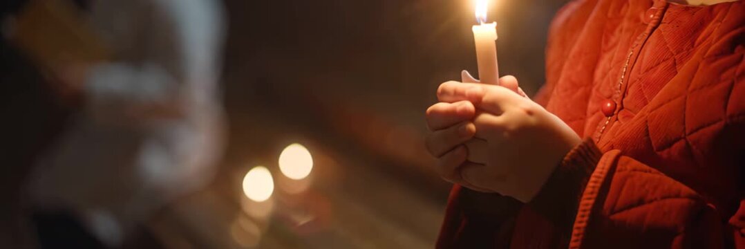Child holding candle during church ceremony creating warm spiritual moment, faith and religious tradition concept in wide banner format for website.
