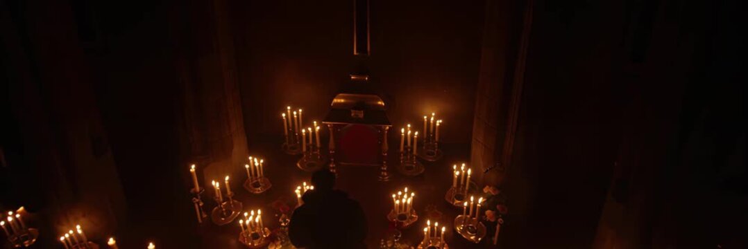 Church interior with many candles during religious ceremony creating dramatic spiritual atmosphere, faith and devotion concept in wide banner format.