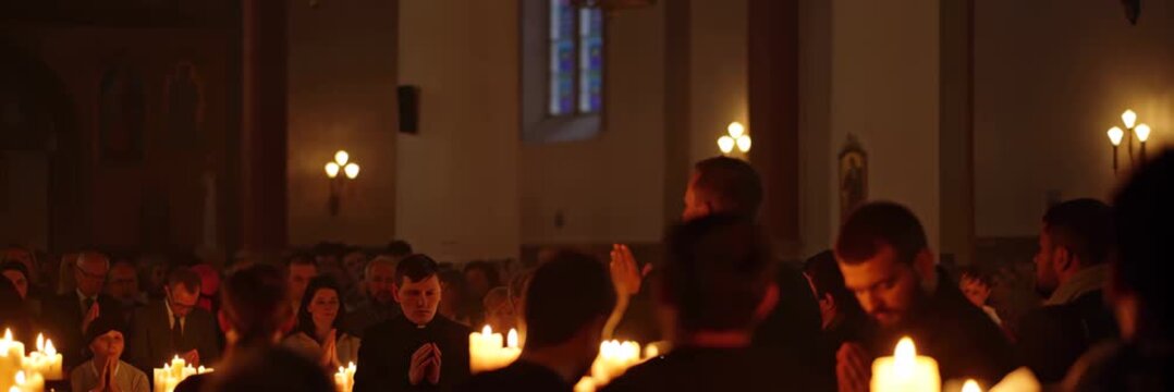 People attending candlelight ceremony inside church during religious service, spiritual faith and tradition concept in wide banner format for website.