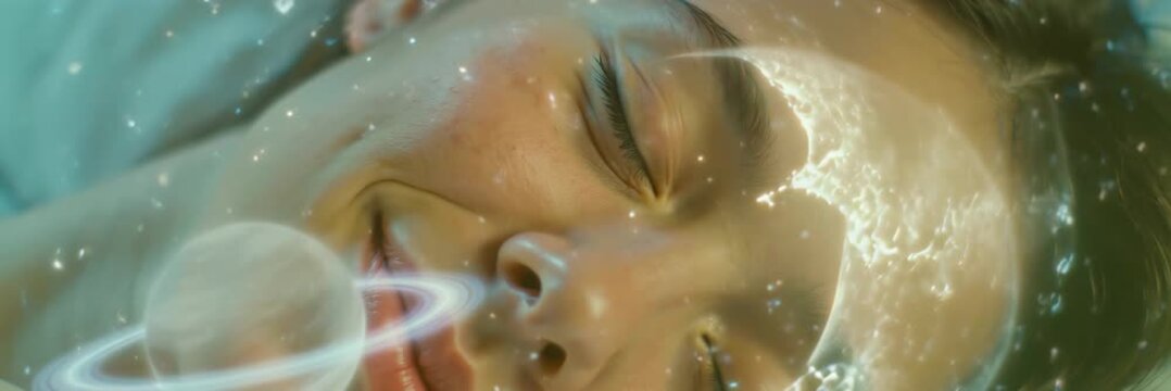 Woman sleeping peacefully with glowing planet projection on face symbolizing dreams and imagination, sleep and mind concept in wide banner format for website.