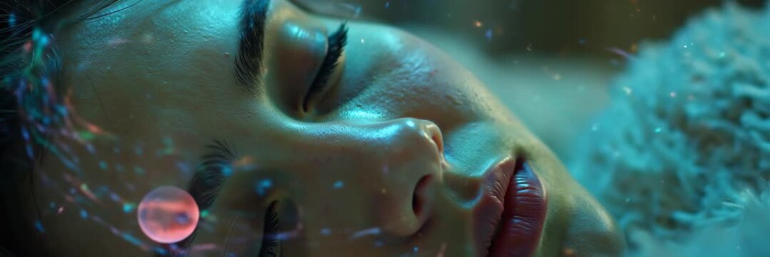 Woman sleeping peacefully with glowing cosmic projection on face symbolizing dreams imagination and subconscious mind, sleep concept in wide banner format.