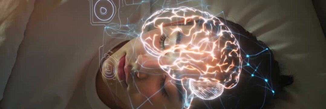 Woman sleeping in bed with glowing digital brain interface representing neural network and brain activity during sleep, futuristic neuroscience concept in wide banner format.