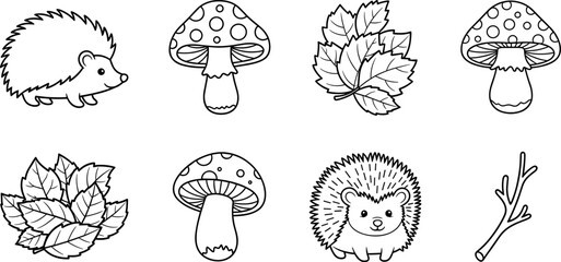 Cute hand-drawn forest elements including hedgehogs, mushrooms, leaves, and a twig