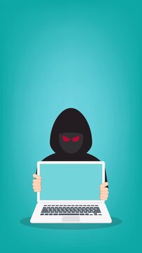 Hacker Using Laptop with Red Eyes Animation &ndash; Cybersecurity Threat, Cybercrime Attack, Malware Hacking Concept, Anonymous Hooded Hacker, Data Breach and Internet Security Risk Motion Background