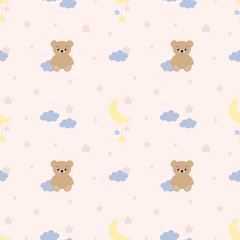 Hand-drawn children's seamless pattern with the moon, stars, teddy bear and clouds on a soft pink background. It can be used for wallpaper, packaging, fabric and much more.