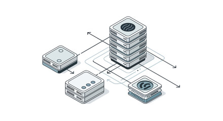 Isometric illustration of a server rack connected to various network devices.