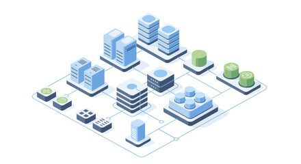 Isometric illustration of a modern data center network with various server racks and storage units.