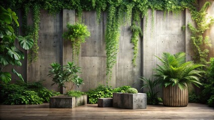 Fototapeta premium Serene Indoor Oasis Lush Greenery Against a Textured Concrete Wall, Featuring Varied Foliage in Stone Planters and a Peaceful Atmosphere