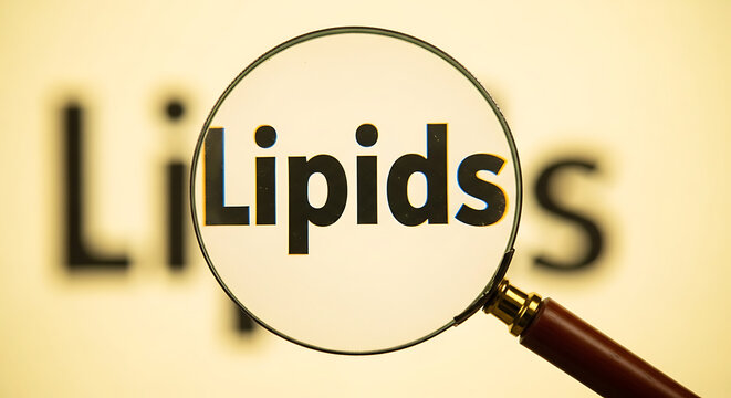 A magnifying glass focuses on lipids text on a blurred background closely.