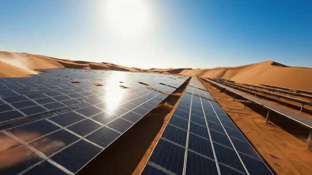 Solar panels installed in a vast desert landscape under a bright sun, reflecting light gently