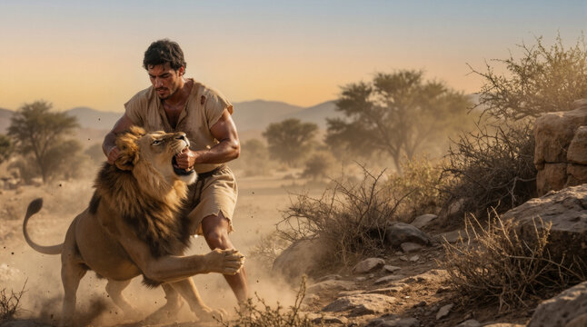 Samson wrestling a lion in the desert. Biblical scene of strength and faith. Ancient hero fighting a wild animal at sunset