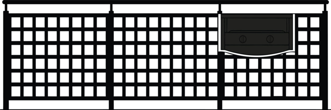 Black and white of a horizontal metal fence with a small grill attachment on the right side