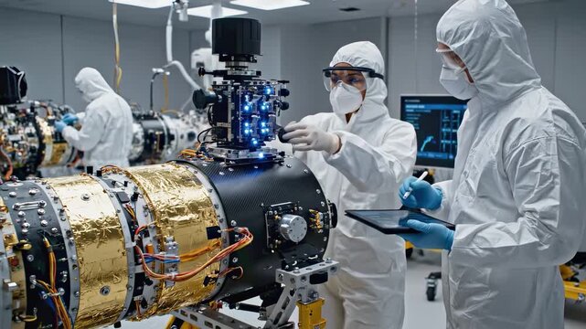 Lab Engineers Assembling. Precision Assembly Of Satellite Module In Controlled Environment. Engineers Meticulously Assembling Spacecraft Components Within Sterile Cleanroom