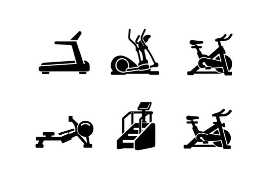 Collection of six different cardio exercise machine icons on a white background