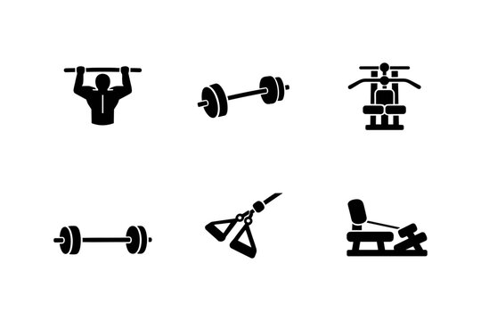 Collection of black fitness equipment icons on a white background for workout planning
