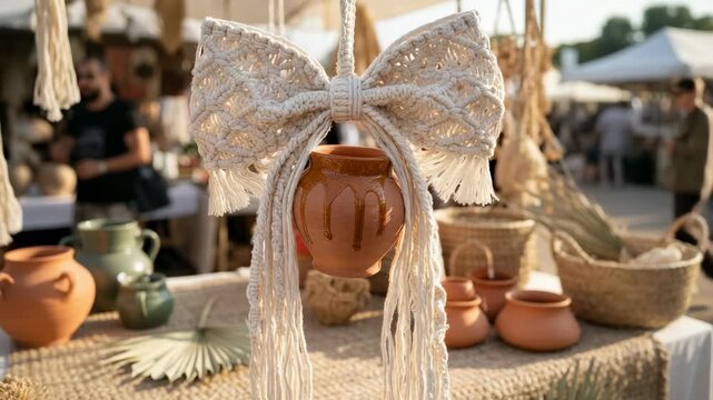 Macrame bow holds a clay pot at an outdoor market, with pottery and woven baskets visible in the background, creating a lively atmosphere