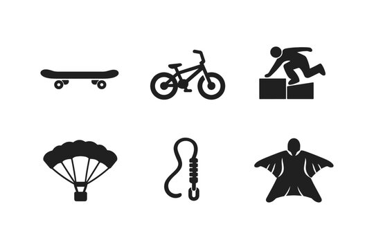 Collection of extreme sports icons including skateboard, bicycle, parkour, parachute, rope, and wingsuit