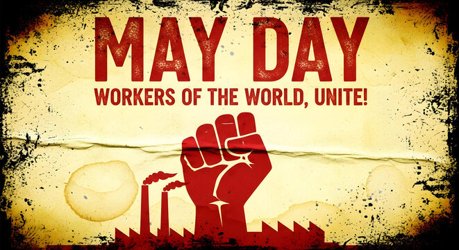 May day poster with a red fist and factory illustration in the background.