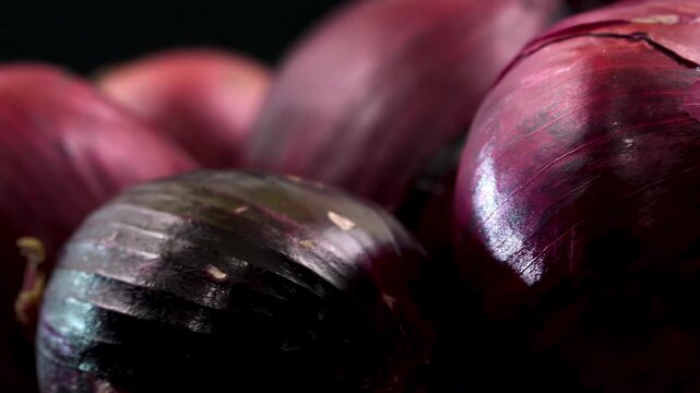 Red Mars Onions (Allium cepa) Macro: details of purple papery skin and the dried root base. Concept for Organic Farming, Healthy Ingredients