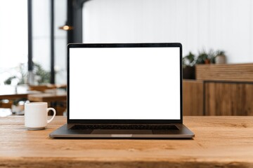 Fototapeta premium Minimalist workspace features laptop on wooden table, inviting c