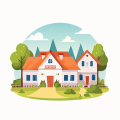 Naklejka premium Charming country house with lush green trees and scenic landscape background