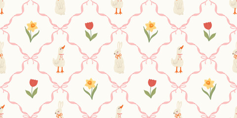 Seamless Easter pattern with cute, geese bunnies and spring flowers in ribbon frames and bows on light background. Vector hand drawn doodle design for holiday wrapping paper and nursery textile © Svitla