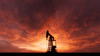 Silhouette of oil pump against vibrant sunset sky, showcasing en