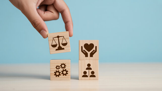 Hand placing a block with a scales of justice icon onto a tower of wooden cubes.