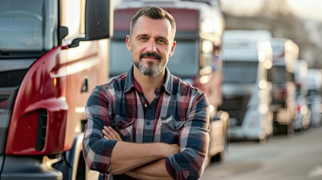 Professional truck driver smiling in front of his lorry fleet