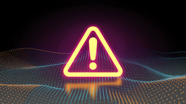 A glowing yellow warning sign with an exclamation point on a dark digital background.