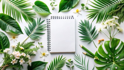 Blank Spiral Notebook Surrounded by Lush Greenery and Delicate Blossoms, Perfect for Creative Inspiration and Note-Taking
