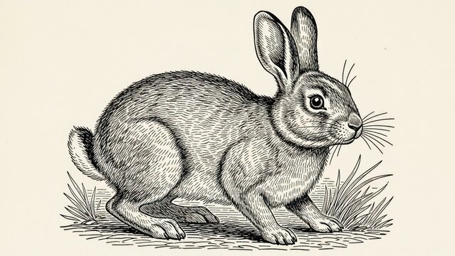 Detailed vintage engraving of a rabbit in profile with grass