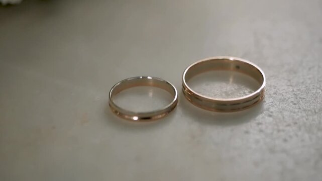 Close up view of two elegant rose gold wedding bands with silver inlay detail placed on textured light marble surface